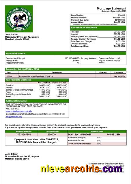 Marshall Islands Development Bank mortgage statement Word and PDF template
